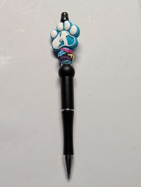 Hand Crafted Black Pen with Teal Paw and Multicolor Bead